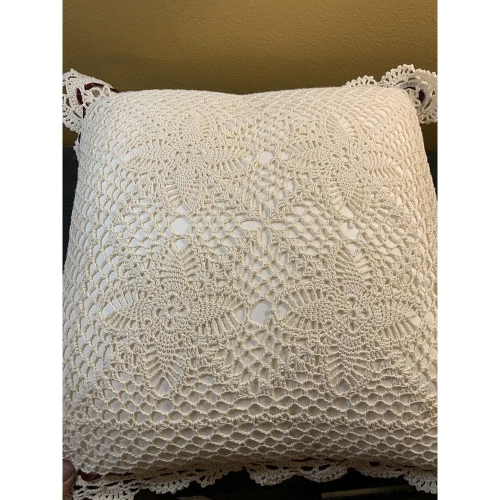 Vintage Crochet Lace Throw Pillow Cream Burgundy Ribbon Rosebuds Square 13x13